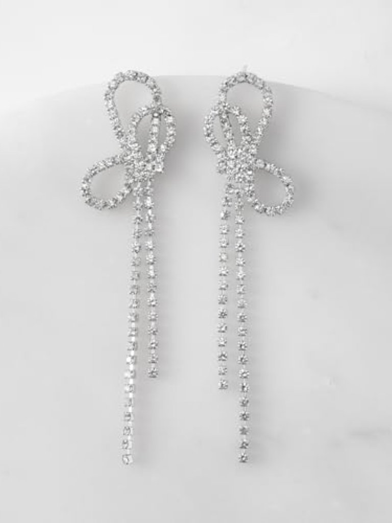 New - Sparkly Rhinestones Earrings For Women, Silver Crystal Bow Drop Dangle